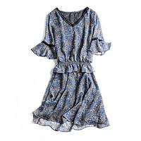 Women\'s Going out Casual Street chic Slim Chiffon Dress Print Patchwork V Neck False Two Knee-length 1/2 Length Sleeve Flare Slee Polyester Summer