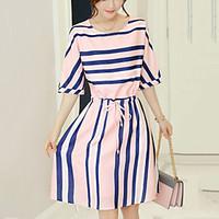 Women\'s Going out Cute Street chic Slim Chiffon Dress Striped Round Neck Knee-length 1/2 Length Sleeve Polyester Summer