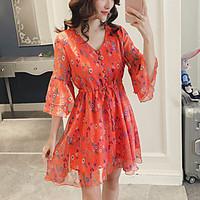 Women\'s Going out Holiday Street chic Chiffon Skater Dress Print V Neck Above Knee 1/2 Length Sleeve Polyester Summer