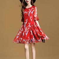 womens going out street chic loose chiffon swing dress print round nec ...