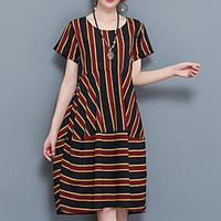 Women\'s Plus Size Casual/Daily Work Vintage Boho Chinoiserie Loose Dress, Striped Round Neck Knee-length Short Sleeve Others SummerHigh