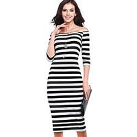 Women\'s Going out Party Sexy Simple Bodycon Dress, Striped Boat Neck Knee-length ½ Length Sleeve Polyester Spring Summer High Rise Stretchy