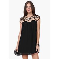 womens casual sexy grid hollow design chiffon black dress summer thin  ...