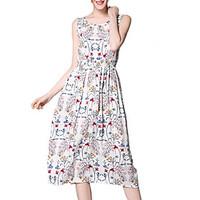 Women\'s Going out Casual/Daily Beach Street chic Sheath Dress, Floral Round Neck Midi Sleeveless Cotton Polyester Summer High Rise