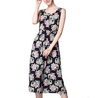 Women\'s Going out Casual/Daily Beach Street chic Sheath Dress, Print Round Neck Midi Sleeveless Cotton Polyester Summer High Rise