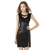 Women\'s Party Club Sexy Simple Bodycon Dress, Solid Patchwork Round Neck Knee-length Sleeveless PU Polyester Spring Summer High Rise