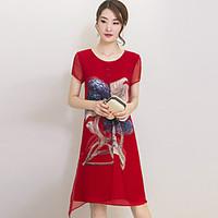 Women\'s Street chic Print Plus Size / Loose Dress, Round Neck Knee-length Silk / Polyester