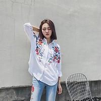 Women\'s Going out Casual/Daily Simple Street chic Fall Winter Shirt, Solid Shirt Collar Long Sleeve White Cotton Medium