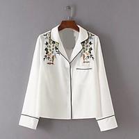 Women\'s Going out Casual/Daily Simple Street chic Fall Winter Shirt, Solid Shirt Collar Long Sleeve White Cotton Medium
