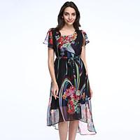 Women\'s Asymmetrical Boho / Street chic Print Plus Size / Swing Dress, Round Neck Maxi Polyester