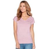 Women\'s Ladies lightweight knit plain pink short sleeve rib trim V neckline V back design jumper