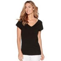 womens ladies lightweight knit plain black short sleeve rib trim v nec ...