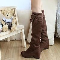 Women\'s Spring Fall Winter Fashion Boots Faux Suede Dress Wedge Heel Bowknot Black Brown Yellow Beige