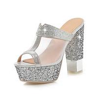 Women\'s Sandals Slingback Tulle PU Summer Fall Dress Casual Rhinestone Chunky Heel Gold Silver 5in over