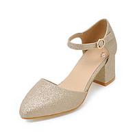 Women\'s Sandals Spring Summer Fall Club Shoes Glitter PU Office Career Dress Casual Chunky Heel Block Heel Rhinestone BuckleGold Silver