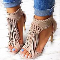 Women\'s Sandals Spring Summer Fall Leatherette Casual Party Evening Stiletto Heel Tassel Black Almond