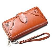 Women\'s Retro Carved Genuine Leather Wallets Clutch Purse Wristlets