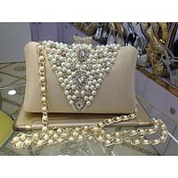 Women Satin Formal / Event/Party / Wedding Evening Bag/Pearl Clutch/Pearl Diamonds Delicate Handbag With Pearl Chain