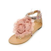 Women\'s Sandals Spring Summer Fall PU Outdoor Dress Casual Flat Heel Beading Buckle Flower Beige Blue Blushing Pink