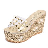 Women\'s Sandals Comfort PU Spring Summer Casual Dress Comfort Wedge Heel Gold Silver 2in-2 3/4in