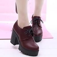 Women\'s Spring Fall Platform Leatherette Dress Chunky Heel Platform Lace-up Black Burgundy