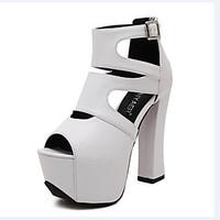 womens heels summer club shoes pu dress casual chunky heel black white