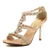 Women\'s Spring Summer Fall T-Strap Leatherette Dress Party Evening Stiletto Heel Rhinestone Gold