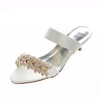 Women\'s Summer Stretch Satin Wedding Dress Party Evening Low Heel Crystal Ivory Silver