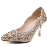 Women\'s Heels Spring Fabric Dress Low Heel Rhinestone Gold Silver