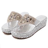 Women\'s Sandals Spring Summer Fall PU Dress Casual Wedge Heel Rhinestone Gold Sliver