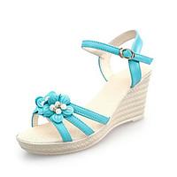 Women\'s Sandals Spring Summer Comfort PU Outdoor Chunky Heel Buckle Ribbon Tie Light Blue Beige Walking