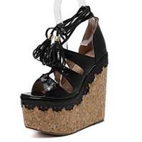 womens sandals summer club shoes pu dress wedge heel lace up black pin ...