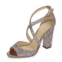 Women\'s Sandals Club Shoes Glitter Leatherette Summer Wedding Dress Party Evening Sequin Buckle Chunky Heel Gold Blue 4in-4 3/4in