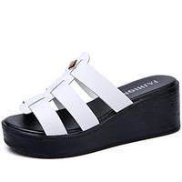 Women\'s Slippers Flip-Flops Sandals Slingback Cowhide Summer Outdoor Dress Casual Wedge Heel White Black 4in-4 3/4in