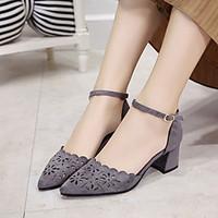 Women\'s Heels Spring Fall Club Shoes Comfort Suede Hollow Out Breathe Freely Office Career Party Evening Dress Chunky Heel Buckle Gray Black