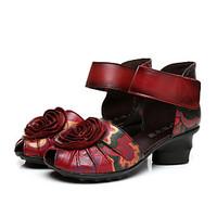 Women\'s Heels Leather Summer Casual Flower Chunky Heel Platform Black Red 1in-1 3/4in