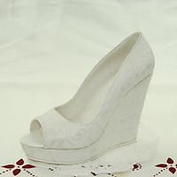 womens shoes lace wedge heel peep toe sandals wedding dress white