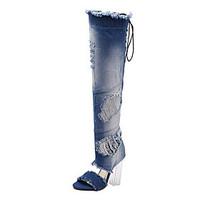 Women\'s Boots Summer Fall Club Shoes Comfort Novelty Microfibre Denim Party Evening Dress Casual Chunky Heel Zipper Blue Walking