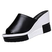 Women\'s Heels Slingback PU Summer Casual Split Joint Wedge Heel Black White 2in-2 3/4in