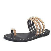 Women\'s Slippers Flip-Flops Summer Mary Jane Leatherette Outdoor Dress Casual Flat Heel Imitation Pearl Khaki Black Walking
