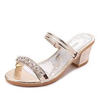 Women\'s Sandals Summer T-Strap Leatherette Outdoor Dress Casual Chunky Heel Rhinestone Sliver Gold Walking