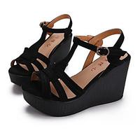 Women\'s Sandals Spring Creepers Leather Casual Wedge Heel Almond Black