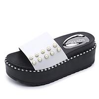 Women\'s Loafers Slip-Ons Summer Mary Jane Leatherette Outdoor Dress Casual Flat Heel Imitation Pearl Black White Walking