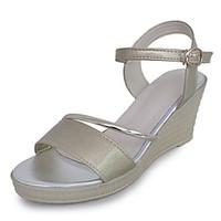Women\'s Sandals Summer Comfort PU Casual Wedge Heel Buckle Silver Gold