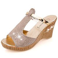 Women\'s Sandals Comfort PU Summer Outdoor Walking Comfort Wedge Heel Gold Silver 1in-1 3/4in