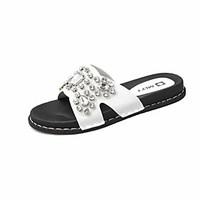 Women\'s Sandals Creepers PU Summer Outdoor Dress Casual Walking Rhinestone Flat Heel White Black Under 1in