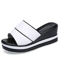 Women\'s Sandals Comfort Light Soles Cowhide Spring Summer Fall Outdoor Athletic Casual Walking Split Joint Wedge Heel Black White2in-2