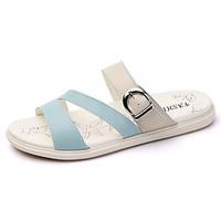 Women\'s Sandals Comfort Cowhide Summer Outdoor Office Career Casual Walking Flat Heel Light Blue Beige White 2in-2 3/4in