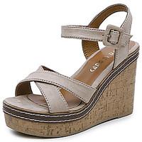 Women\'s Sandals PU Summer Buckle Wedge Heel Black Beige Green 2in-2 3/4in