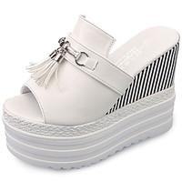 Women\'s Sandals PU Summer Wedge Heel White Black 5in over